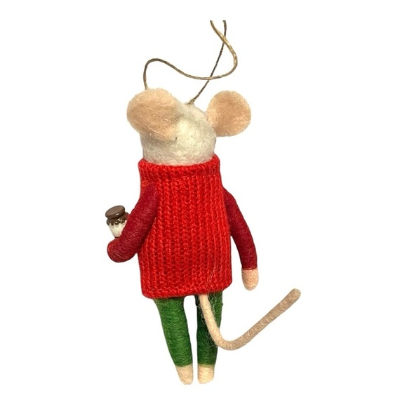 Vintage felt Christmas white mouse holding milk jar red sweater green legging 5” - Picture 7 of 15